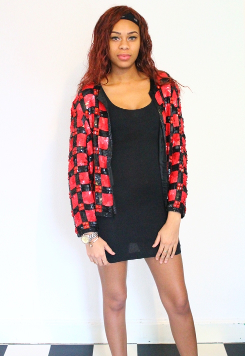 NEW IMAGE BLACK AND RED CHECK SEQUIN JACKET FRONT
